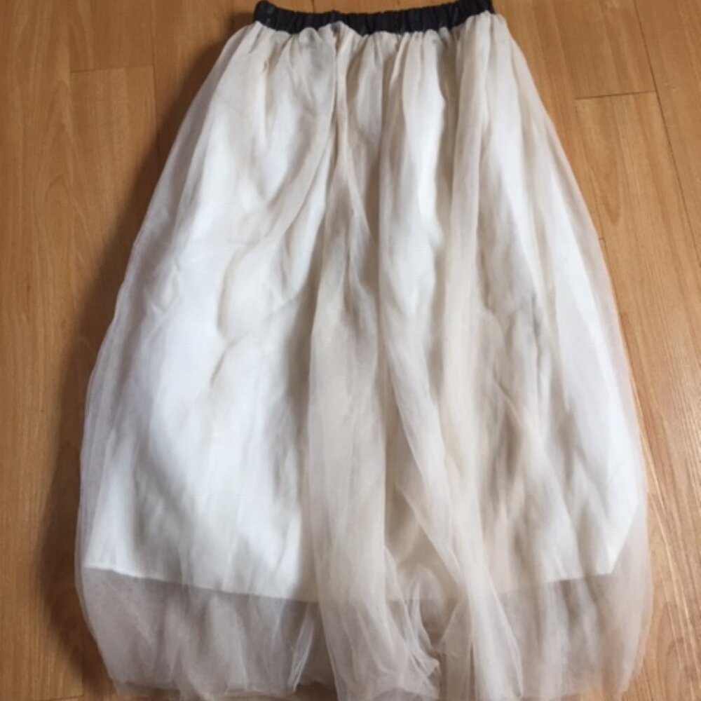 Long tulle skirt with faux leather waistband